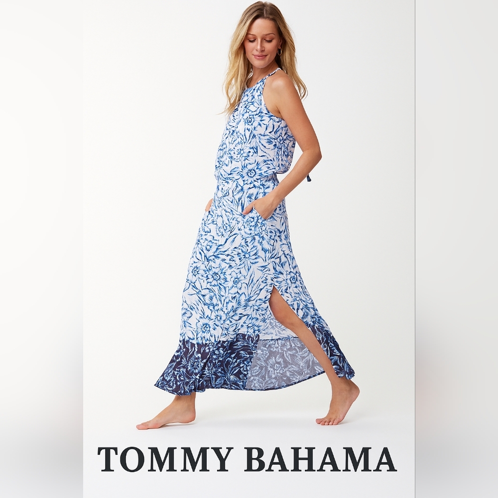 TOMMY BAHAMA S Blue‎ White Vacation Floral Cottagecore Long Maxi Dress (#76)
